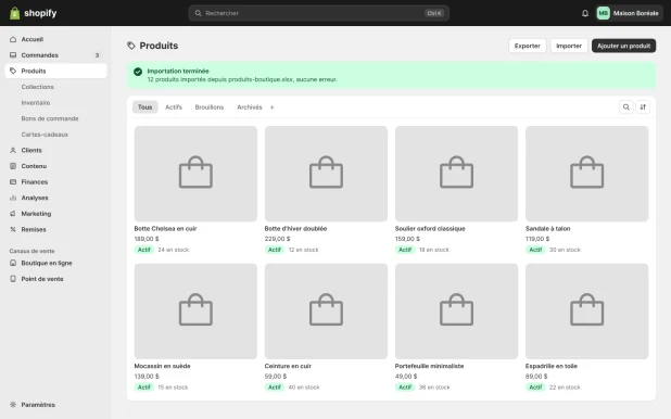 Produits importés dans l’administration de Shopify