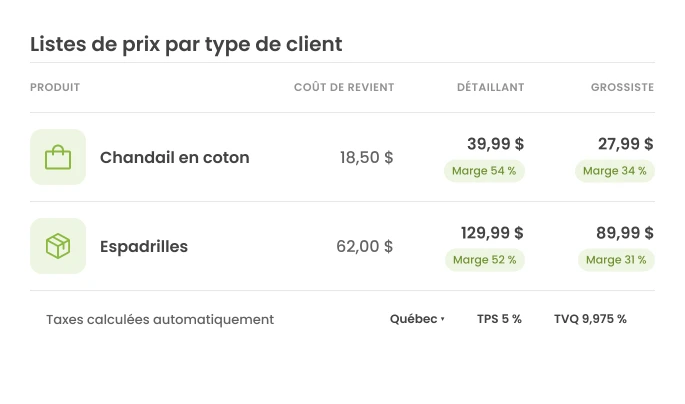 Tableau des listes de prix par type de client, avec les marges et les taxes calculées automatiquement