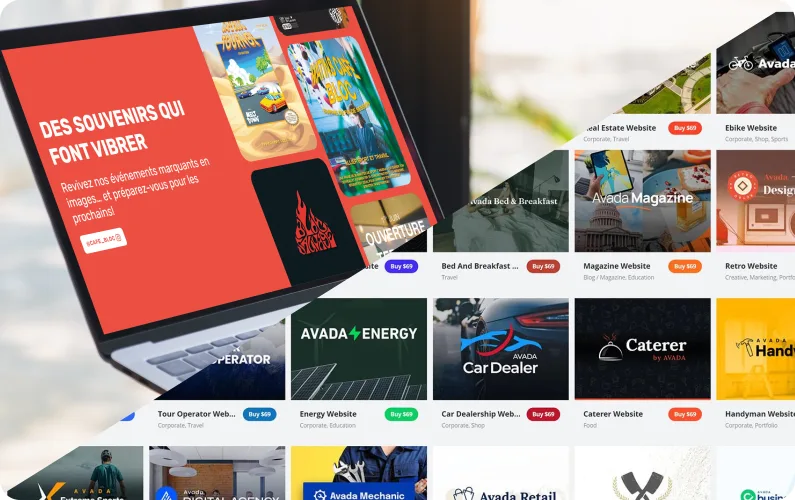 Site web sur mesure de Café Bloc sur un ordinateur portable, à côté d’une galerie de thèmes WordPress préconçus