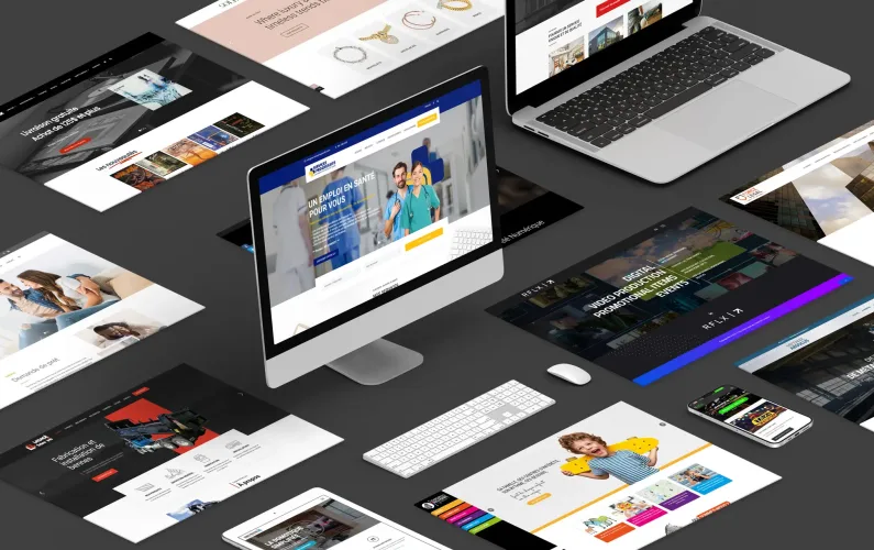 Sites web conçus par Delisoft affichés sur un ordinateur, un portable, une tablette et un cellulaire